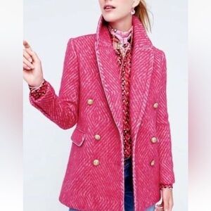 J CREW s6 pink diamond tweed coat-LOOKS NEW-brass buttons-dbl breasted-wool bld
